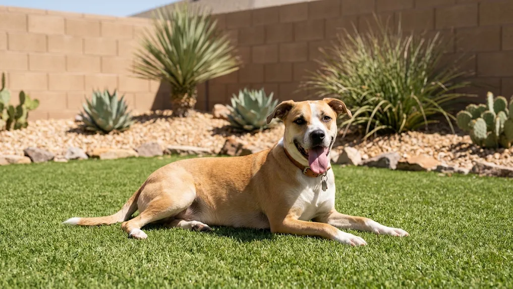 Tan dog lying on artificial grass in a backyard with desert plants, gravel and a block wall